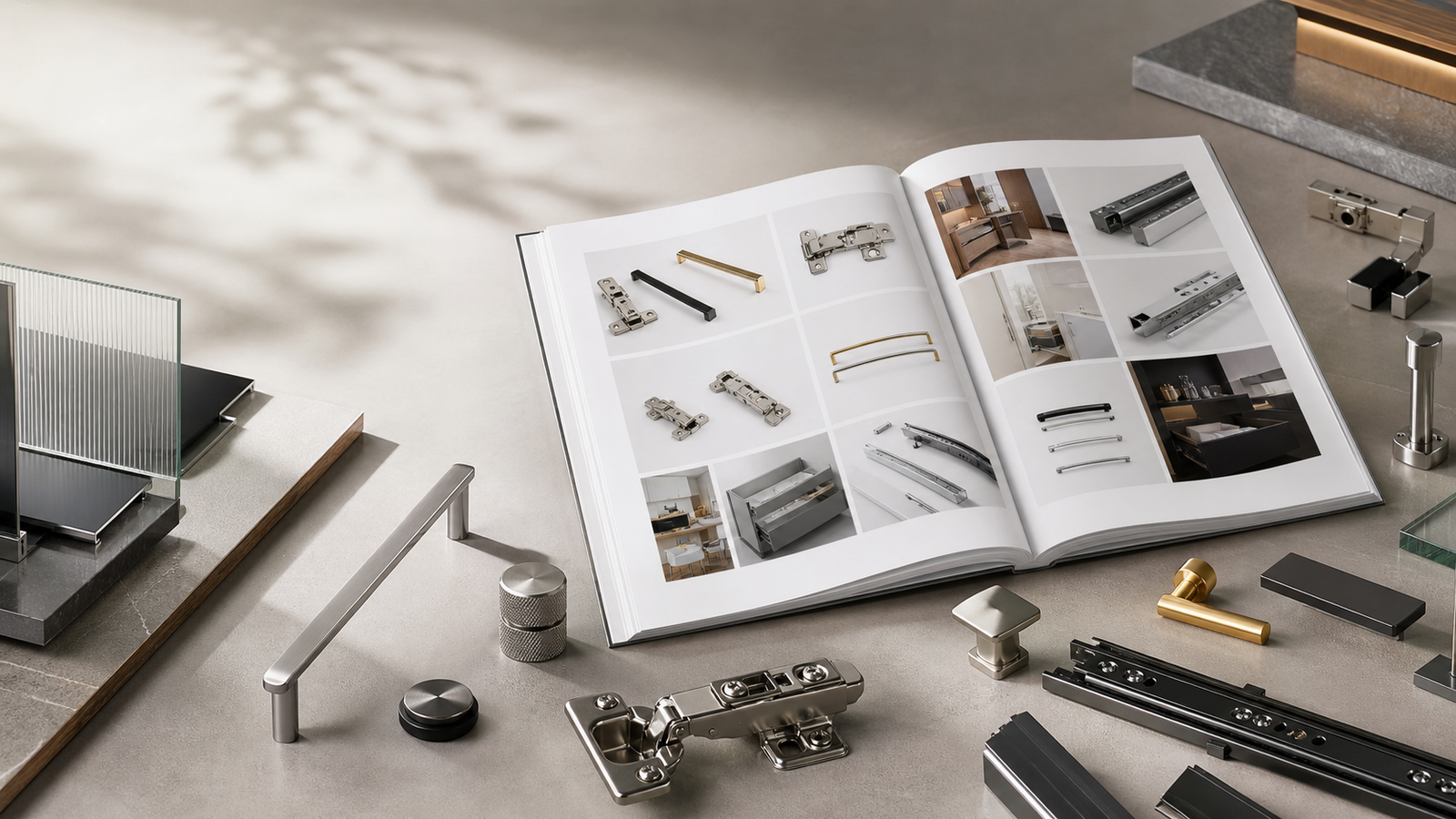 Premium product catalogue with furniture hardware, aluminium profiles and glass fittings