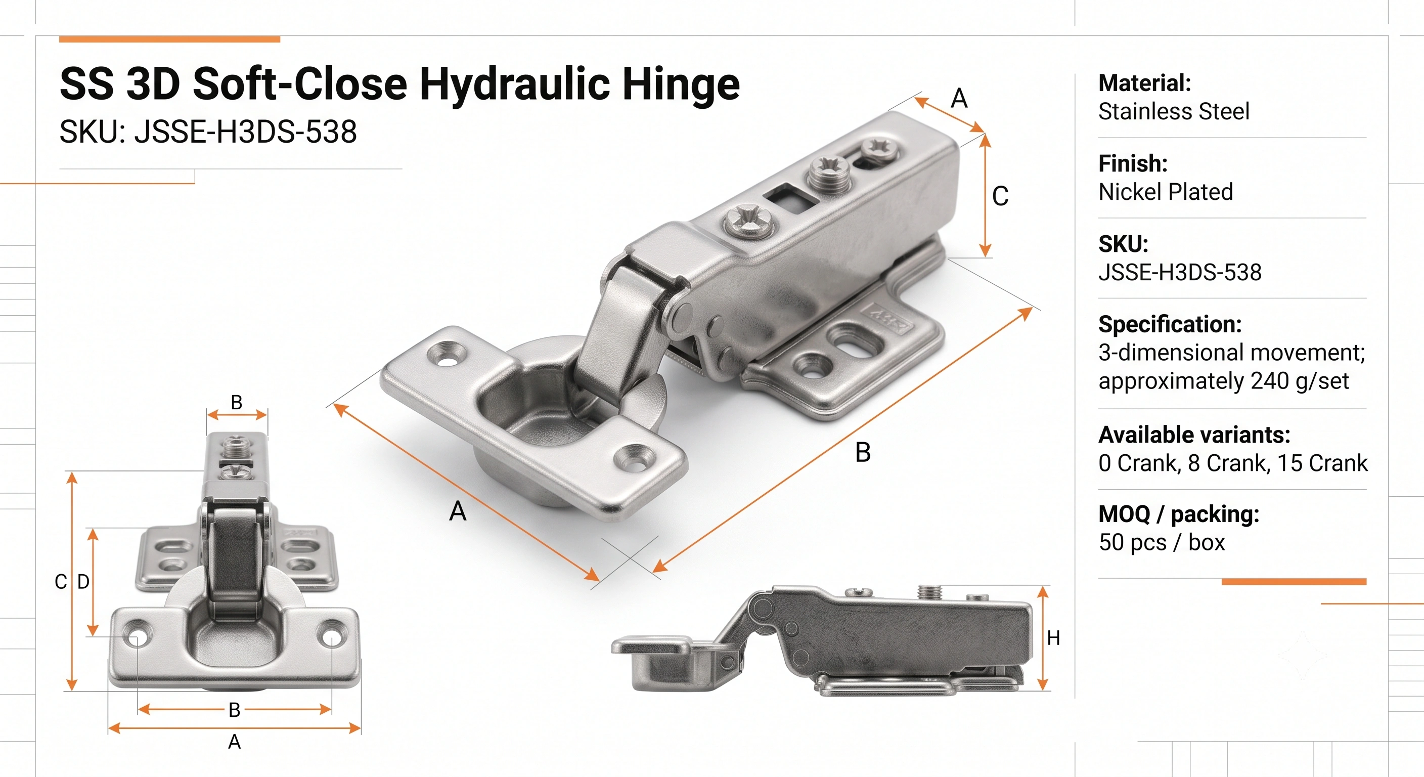 SS 3D Soft-Close Hydraulic Hinge