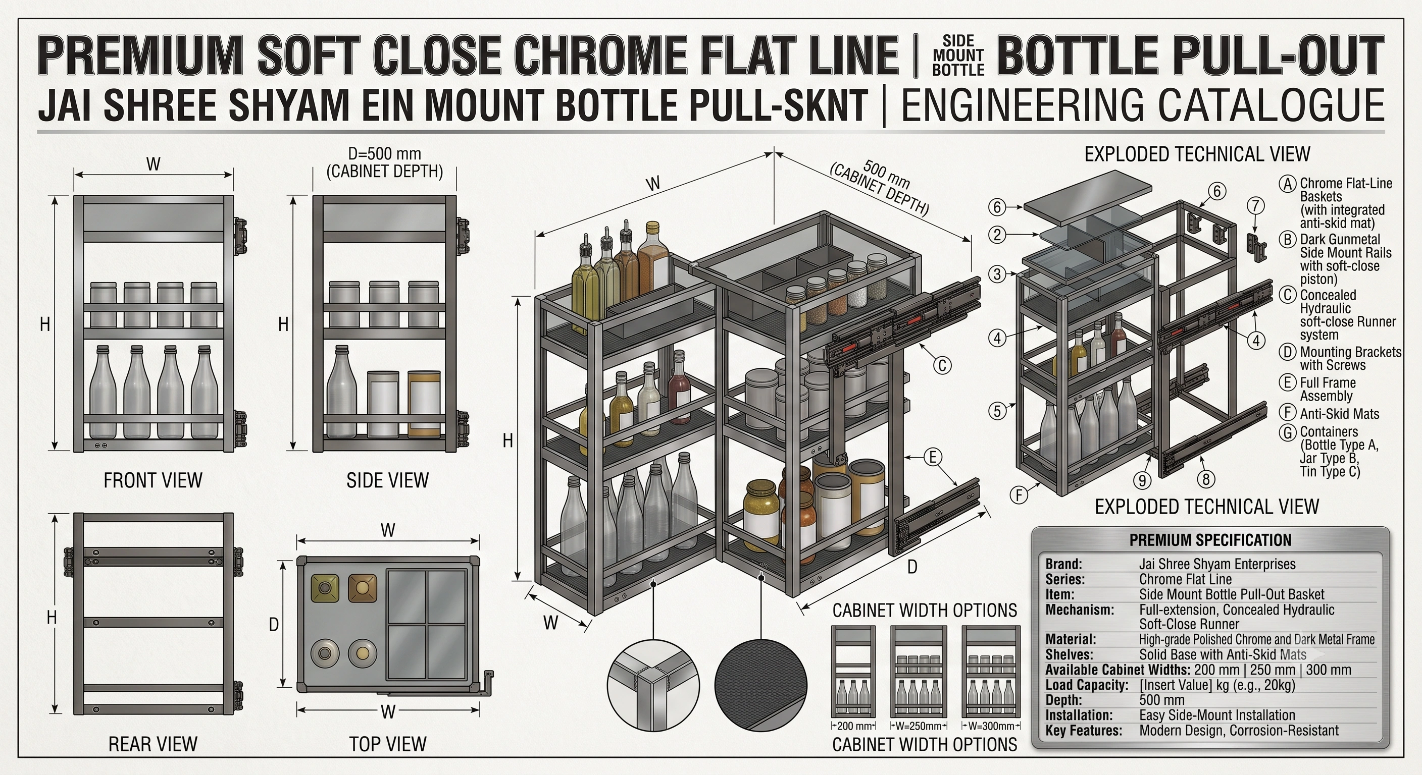 Premium Soft Close Chrome Flat Line Bottle Pull Out Basket with Anti-Skid Mat (Side Mount, 500 mm Cabinet Depth)
