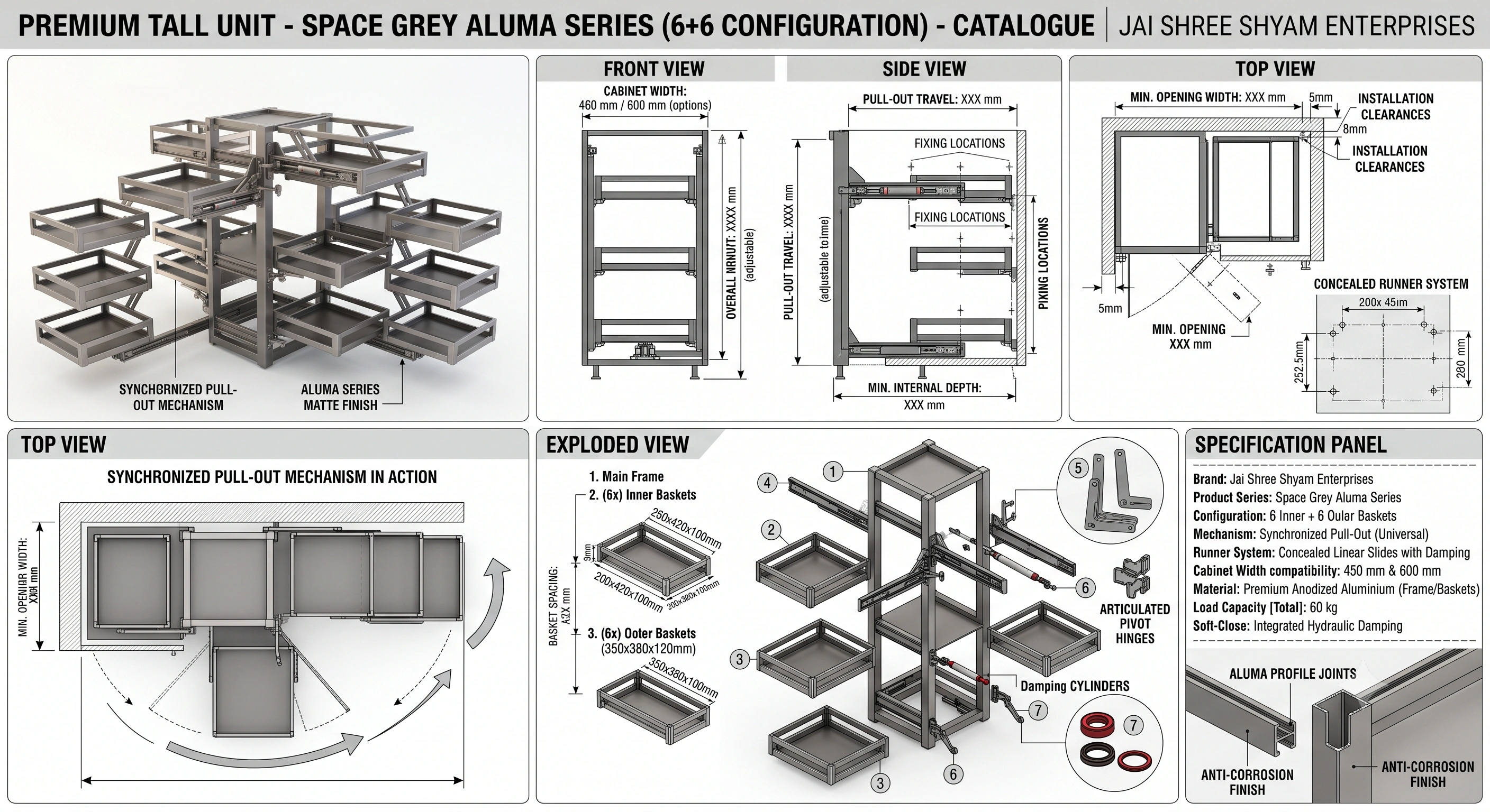 Premium Tall Unit Space Grey Aluma Series Soft Close Pantry Unit (6 Basket)