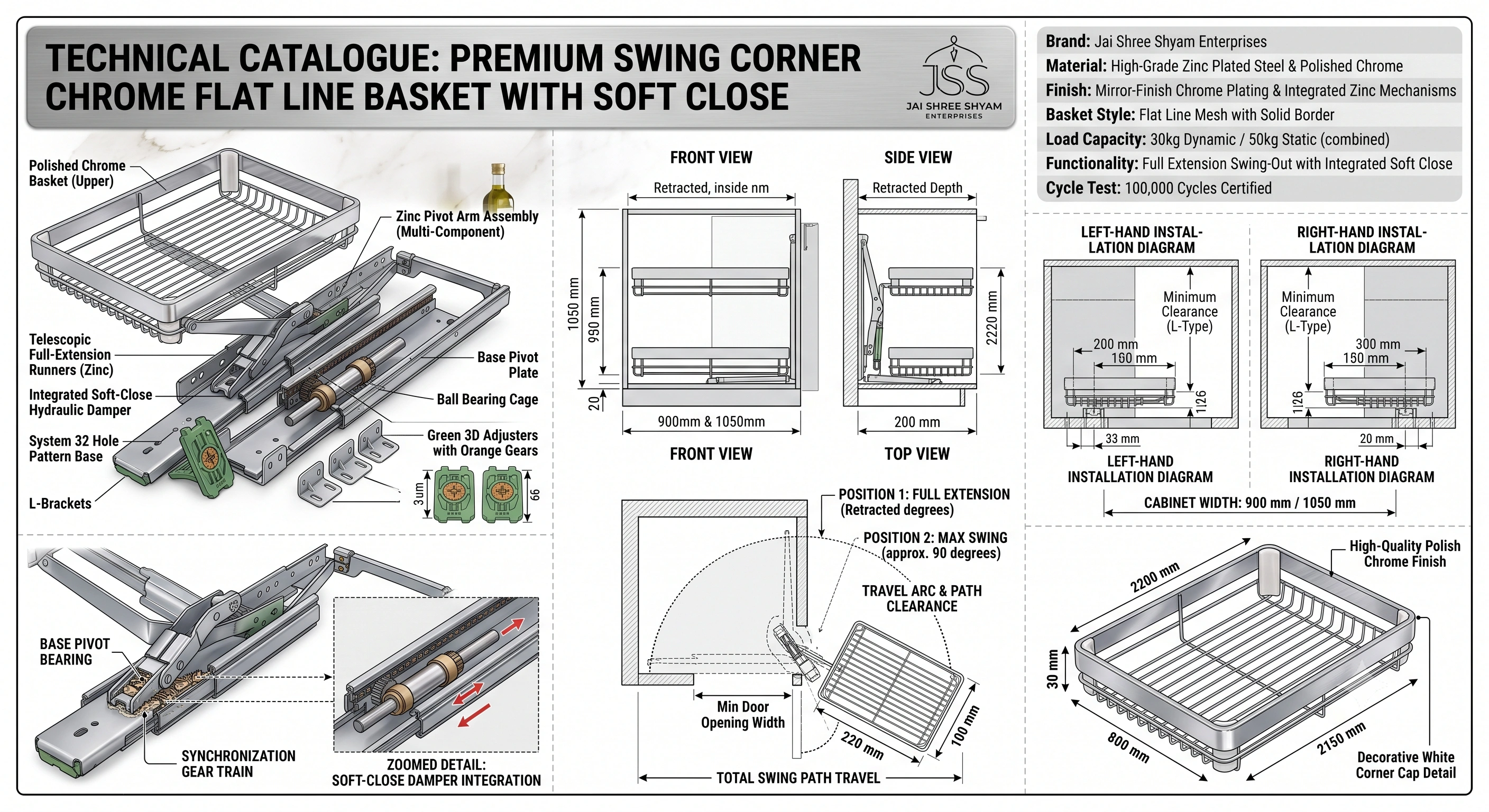 Premium Swing Corner Chrome Flat Line Basket with Soft Close