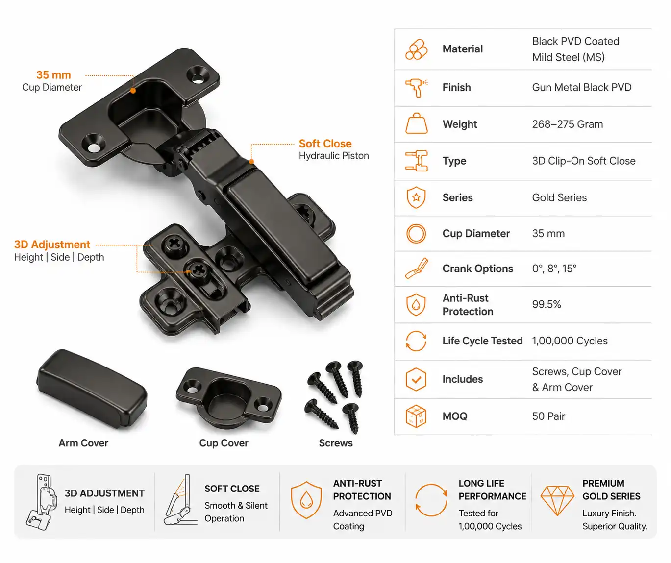Premium 3D Clip-On Soft Close Cabinet Hinge (268–275 Gram) | Black PVD (Gun Metal) Finish , 1,00,000 Cycles Tested