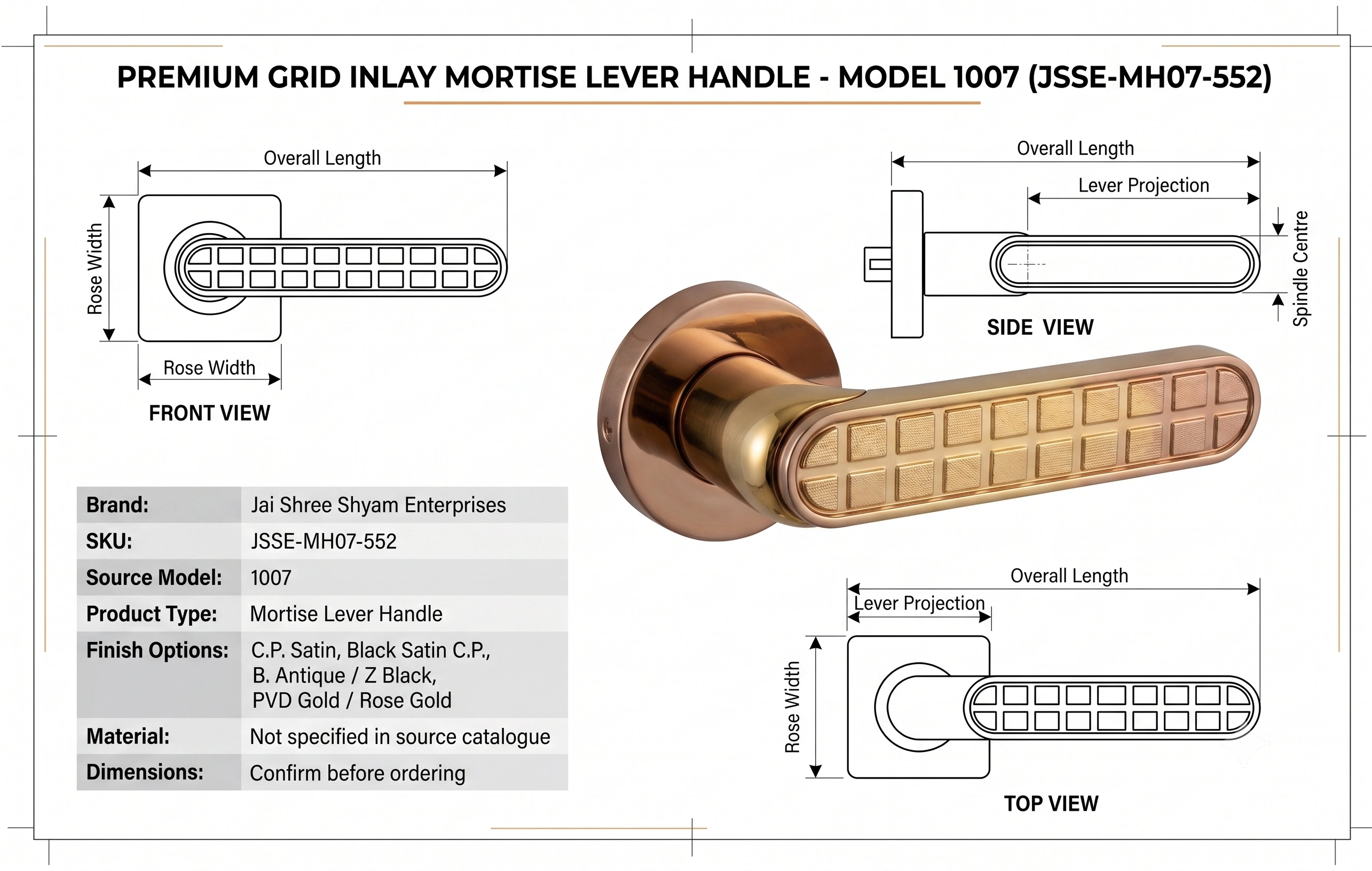 Premium Grid Inlay Mortise Lever Handle - Model 1007