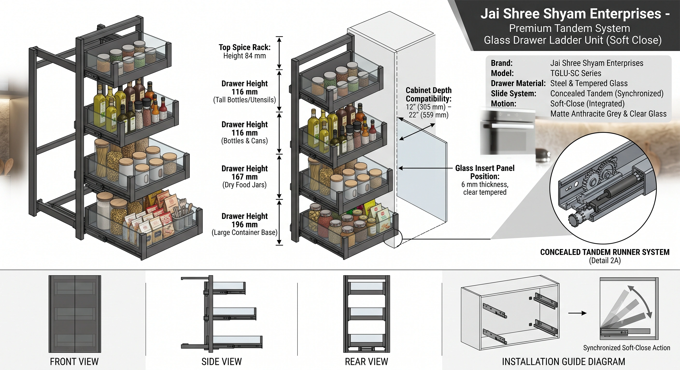 Premium Tandem System Glass Drawer Ladder Unit (Soft Close)