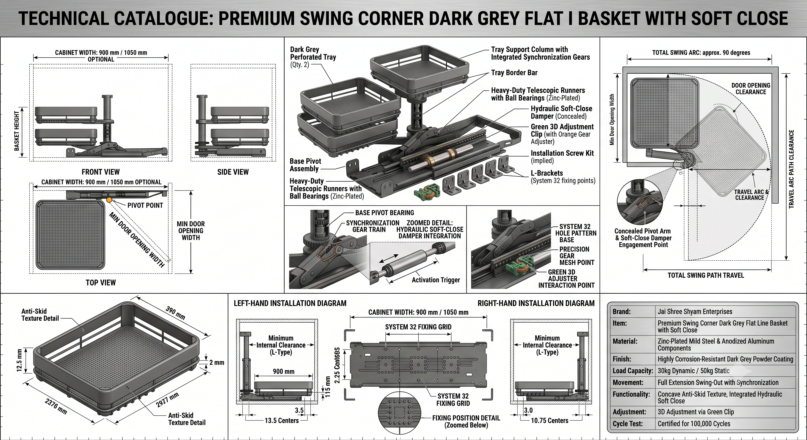 Premium Swing Corner Dark Grey Flat Line Basket with Soft Close