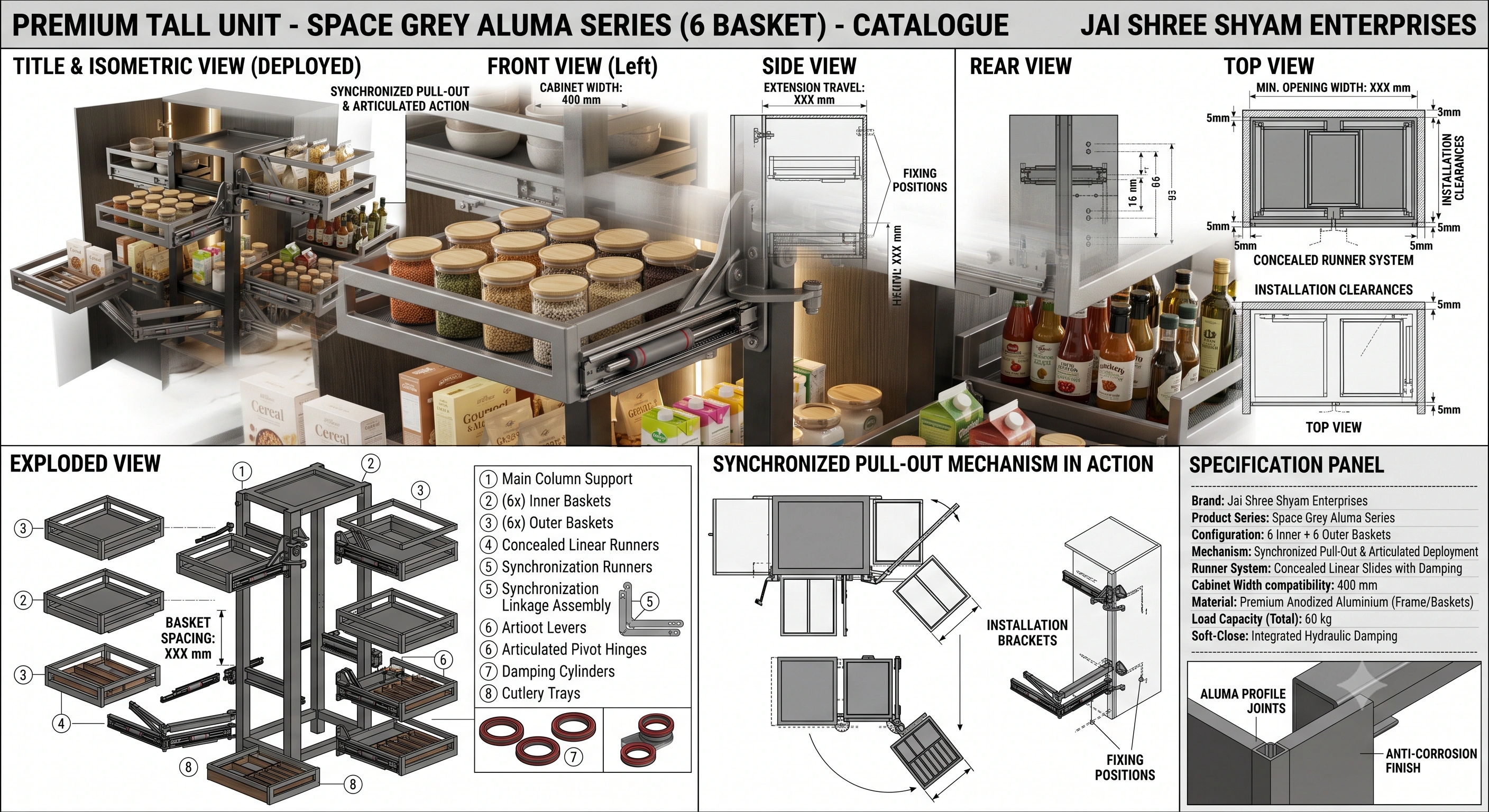 Premium Tall Unit Space Grey Aluma Series Soft Close Pantry Unit (6 Basket)