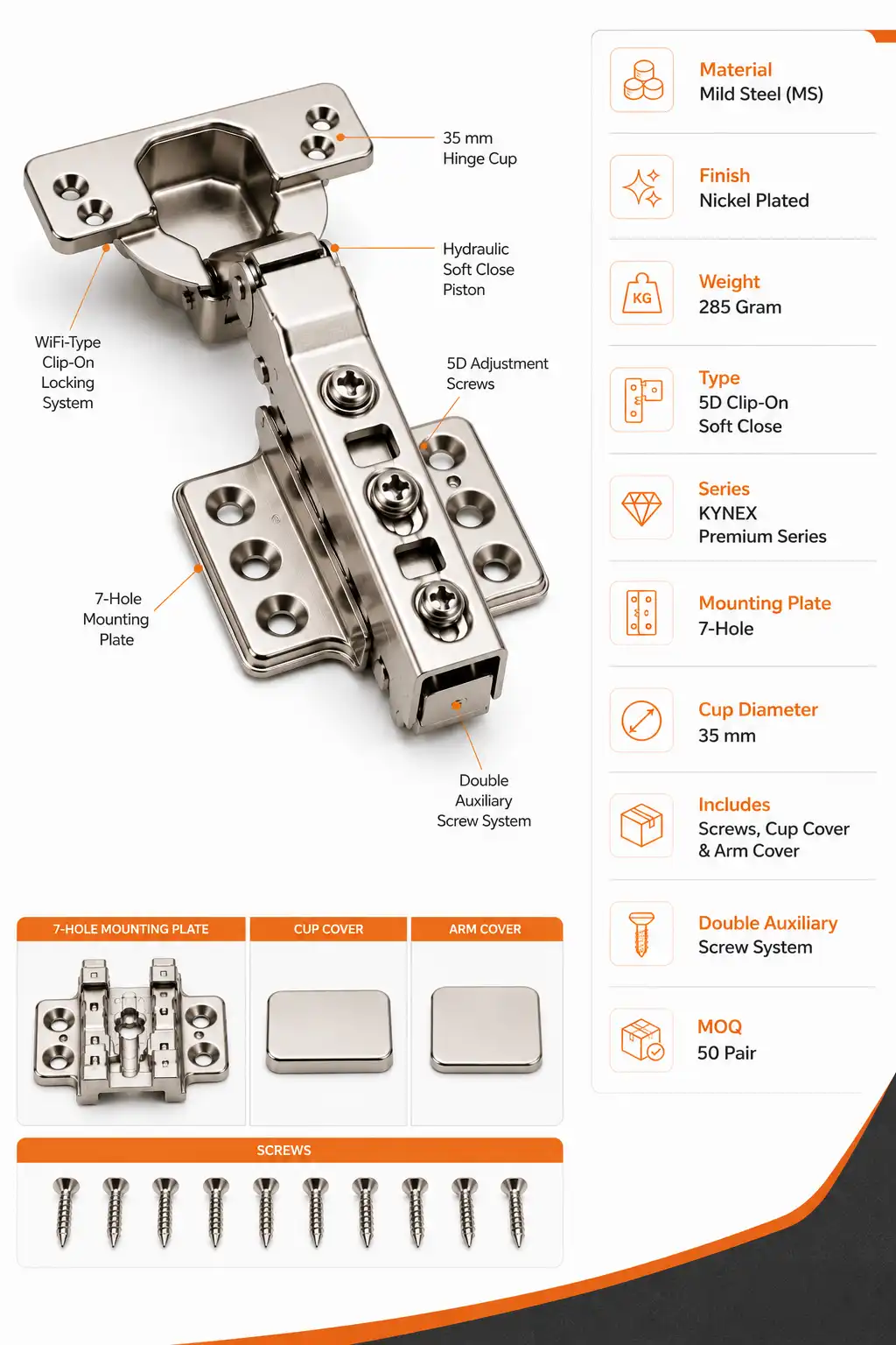 Premium 5D Clip-On Soft Close Cabinet Hinge (285 Gram) | 7-Hole WiFi Type | Premium Series