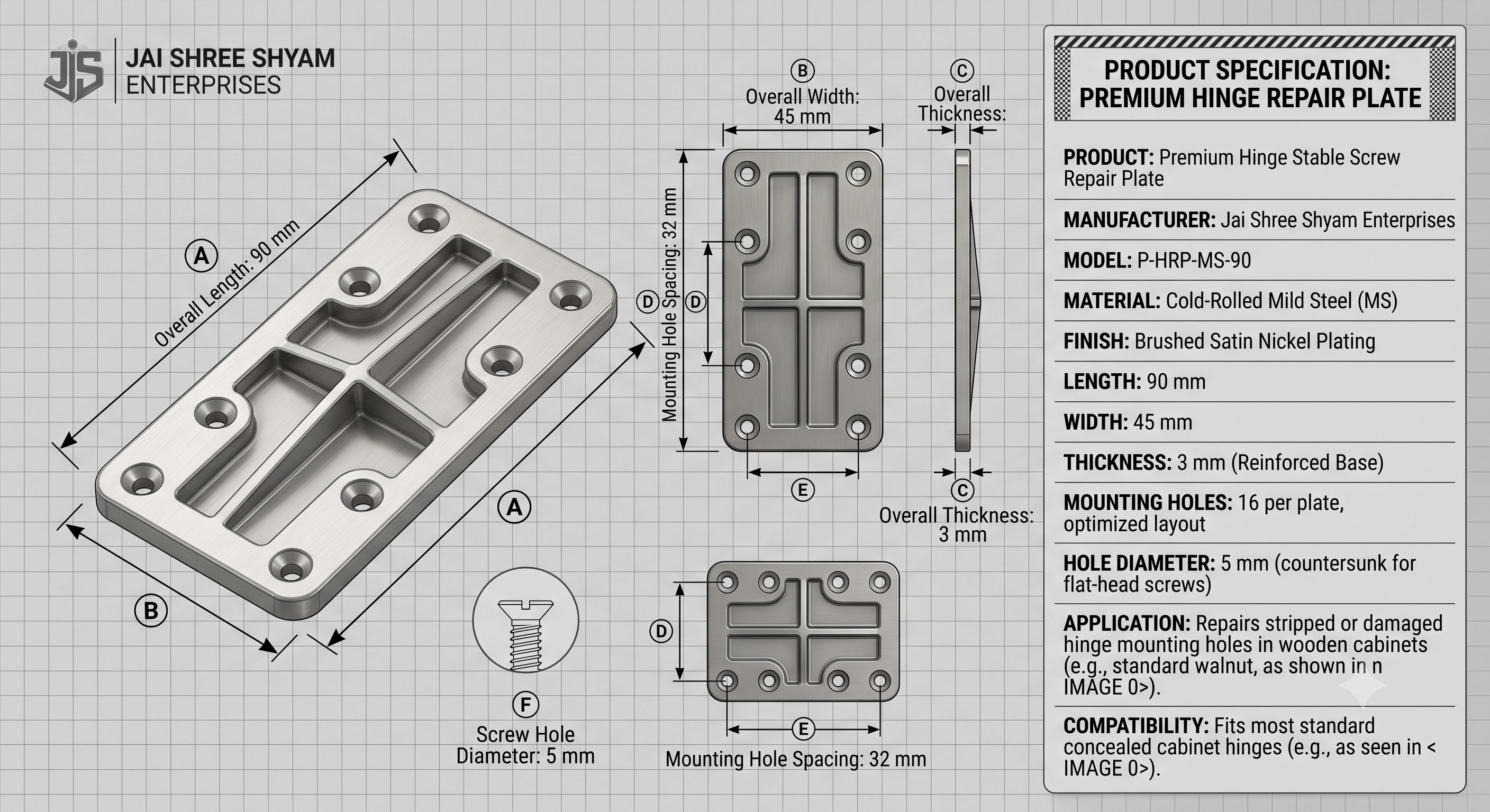Premium Hinge Stable Screw Repair Plate (MS) for Concealed Cabinet Hinges