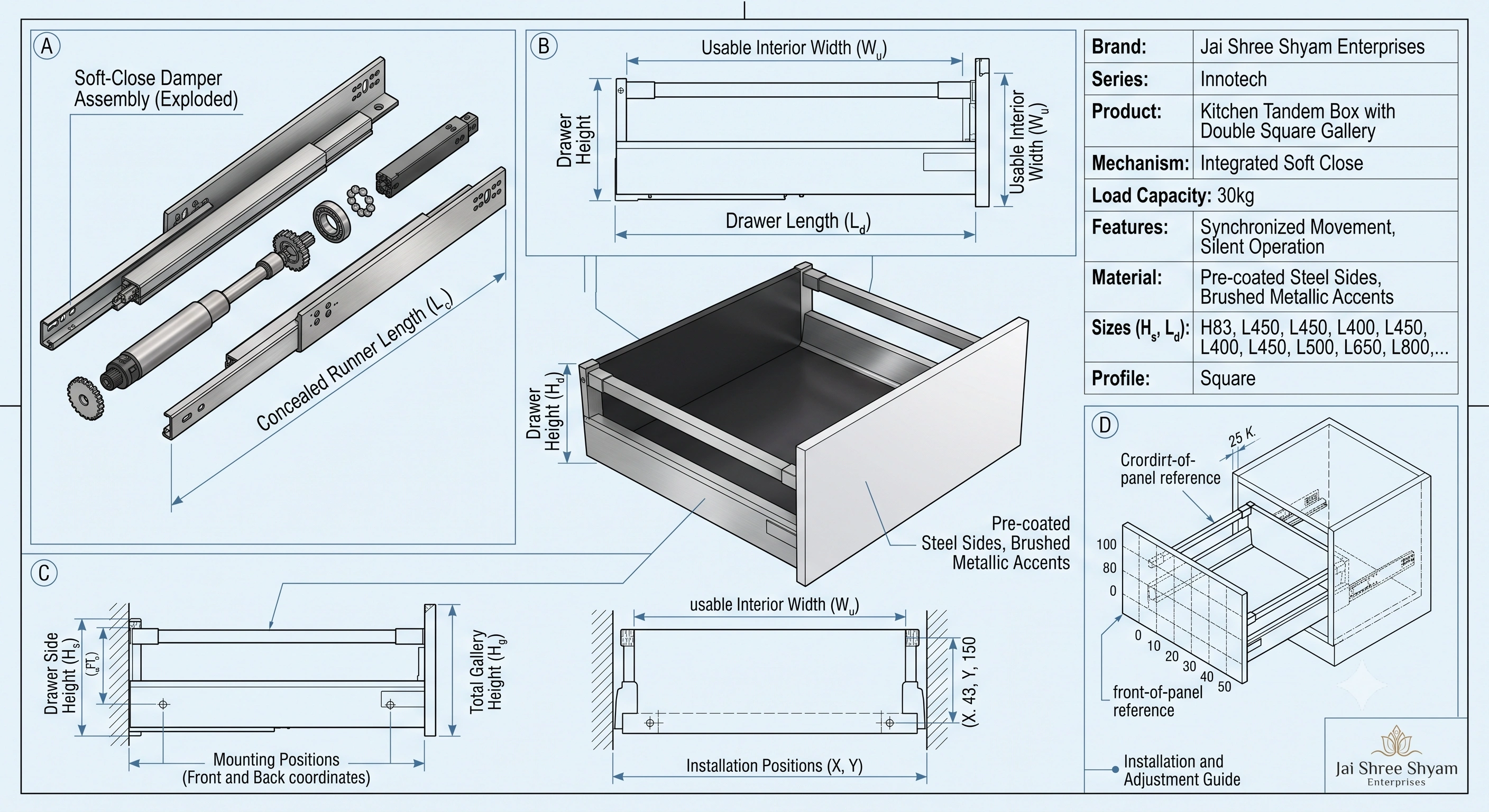 Premium Kitchen Tandem Box with Double Square Gallery – Innotech Series (Soft Close)