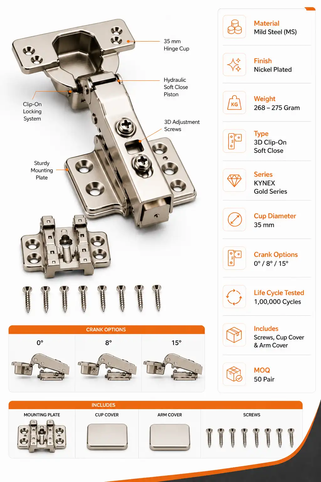 Premium 3D Clip-On Soft Close Cabinet Hinge (268–275 Gram)  1,00,000 Cycles Tested