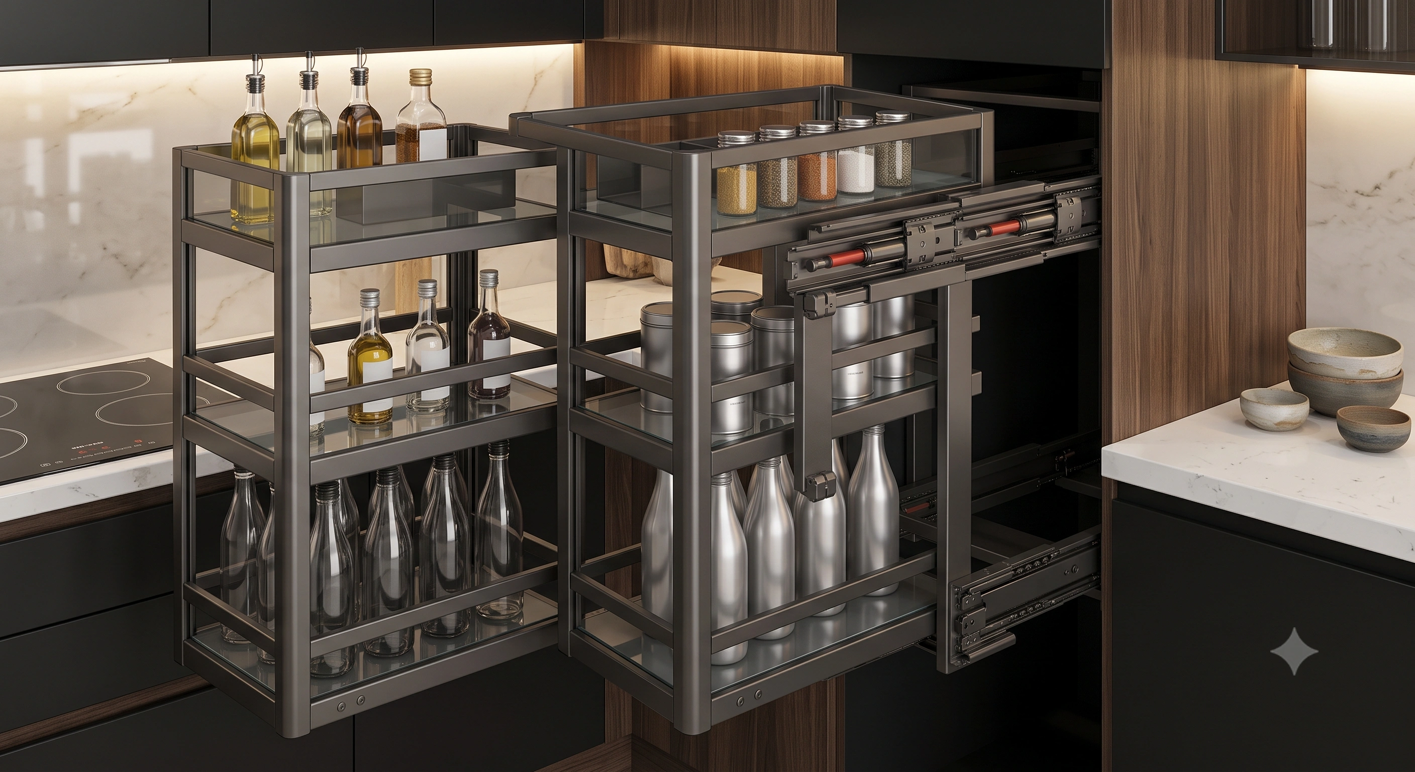Premium Soft Close Glass Side Mount Bottle Pull Out Basket with Tempered Grey Glass & Gun Grey Beading (500 mm Cabinet Depth)