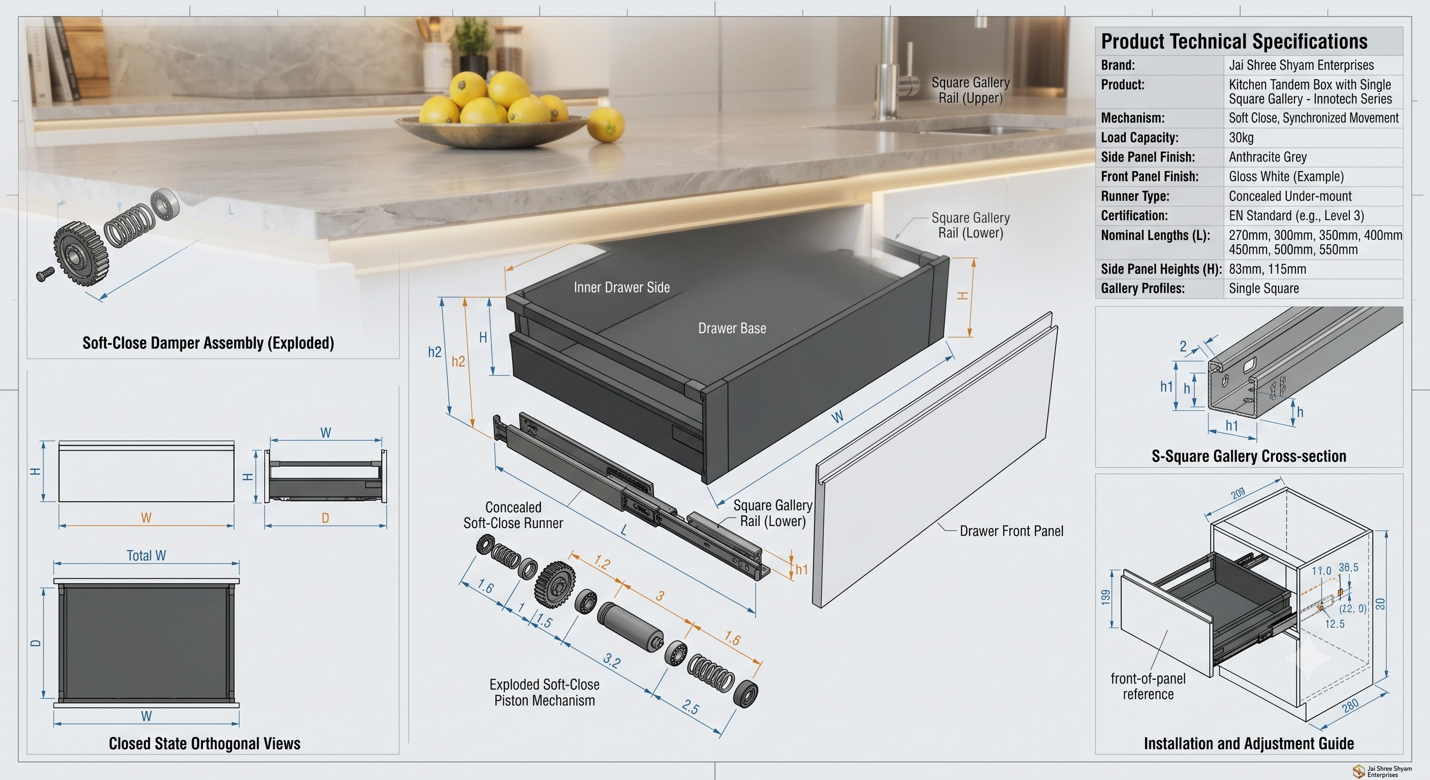 Premium Kitchen Tandem Box with Single Square Gallery – Innotech Series (Soft Close)