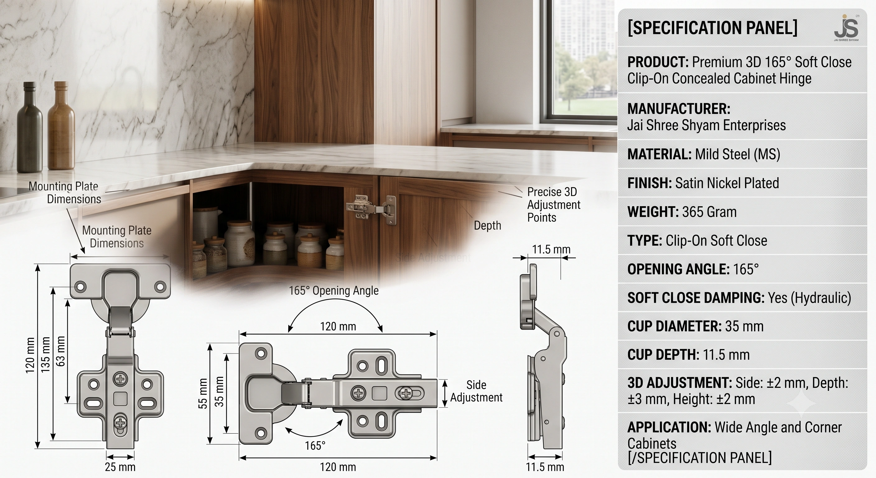 Premium 3D 165° Soft Close Clip-On Concealed Cabinet Hinge (365 Gram) | Hydraulic | Mild Steel