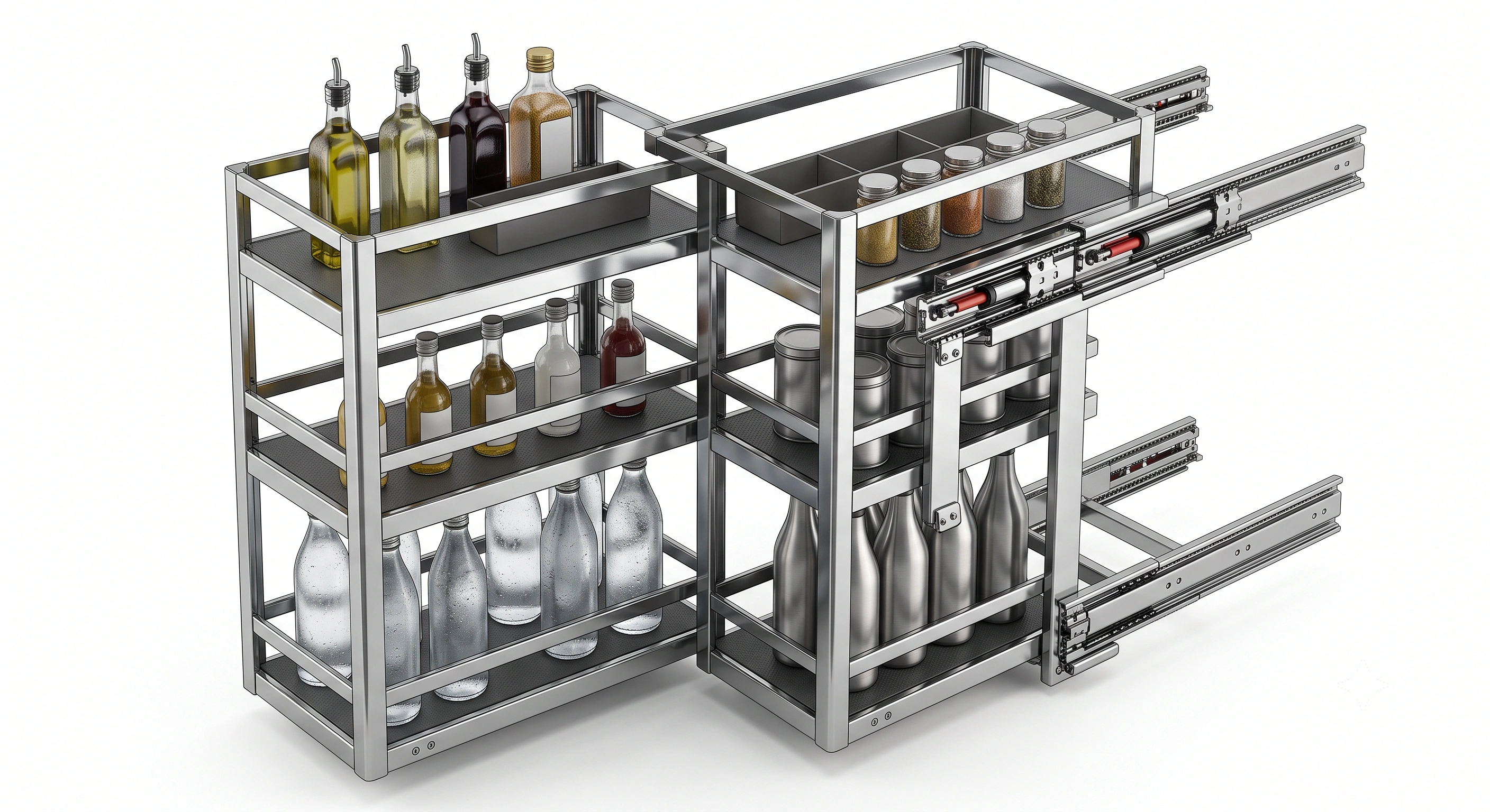 Premium Soft Close Chrome Flat Line Bottle Pull Out Basket with Anti-Skid Mat (Side Mount, 500 mm Cabinet Depth)
