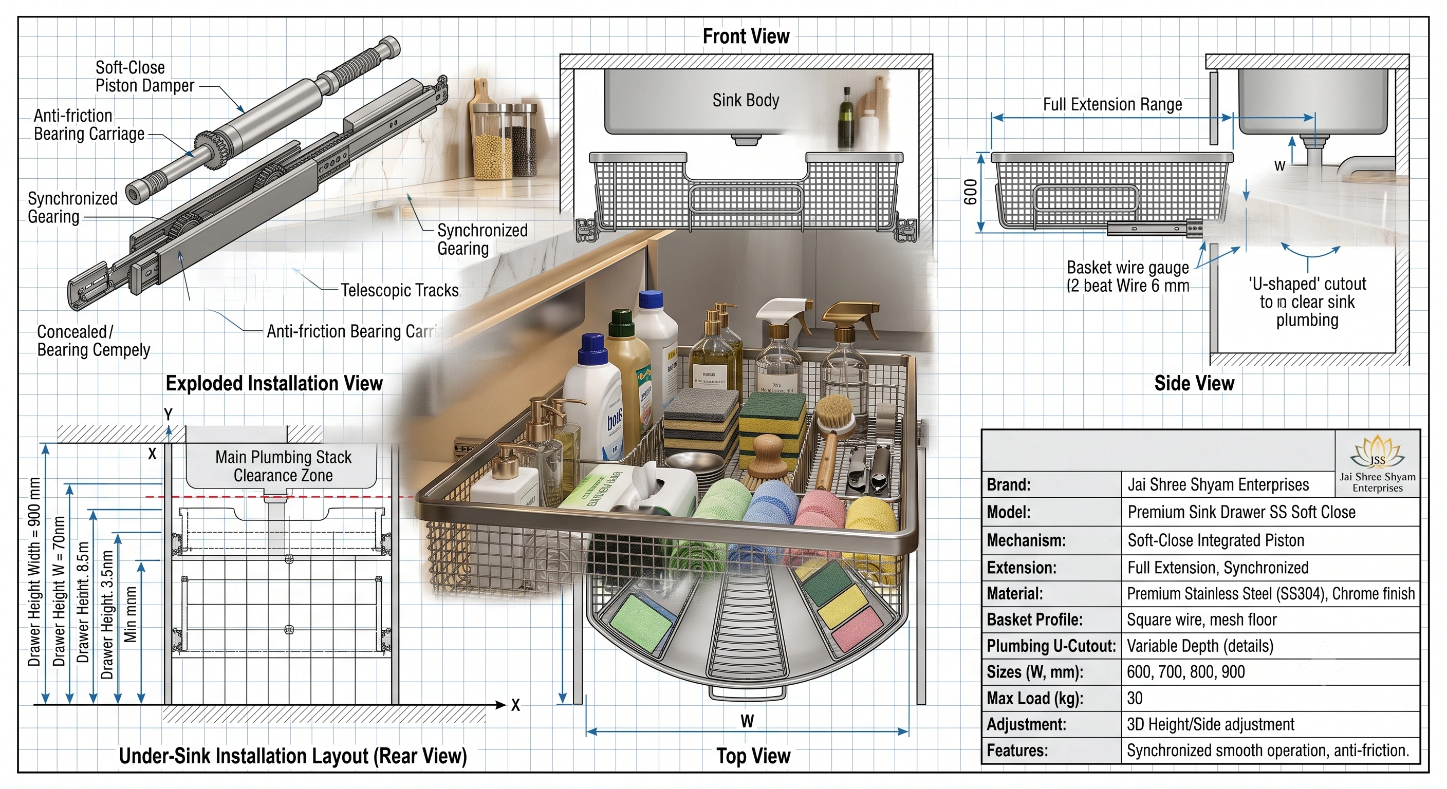Premium Sink Drawer Basket SS Soft Close