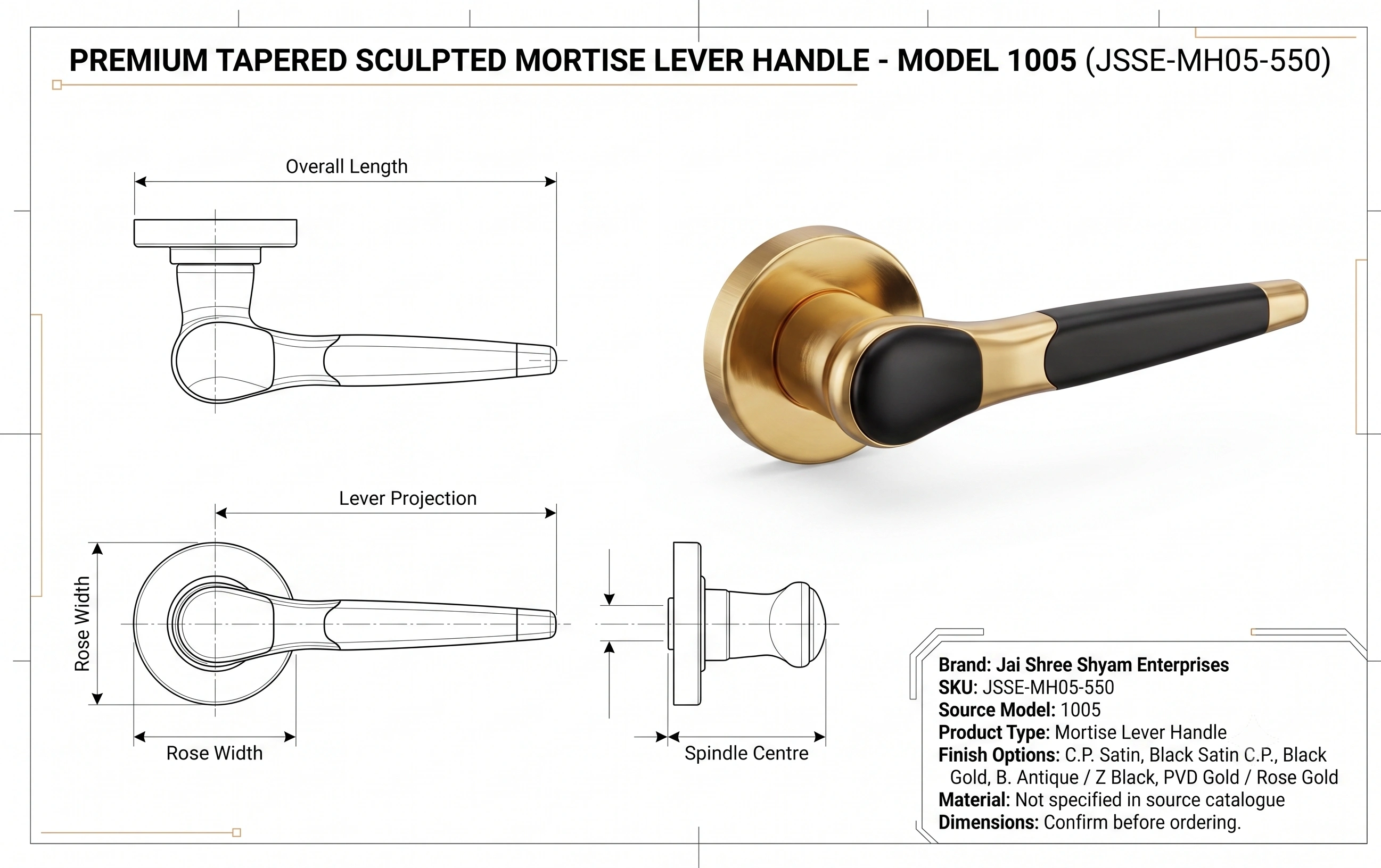 Premium Tapered Sculpted Mortise Lever Handle - Model 1005