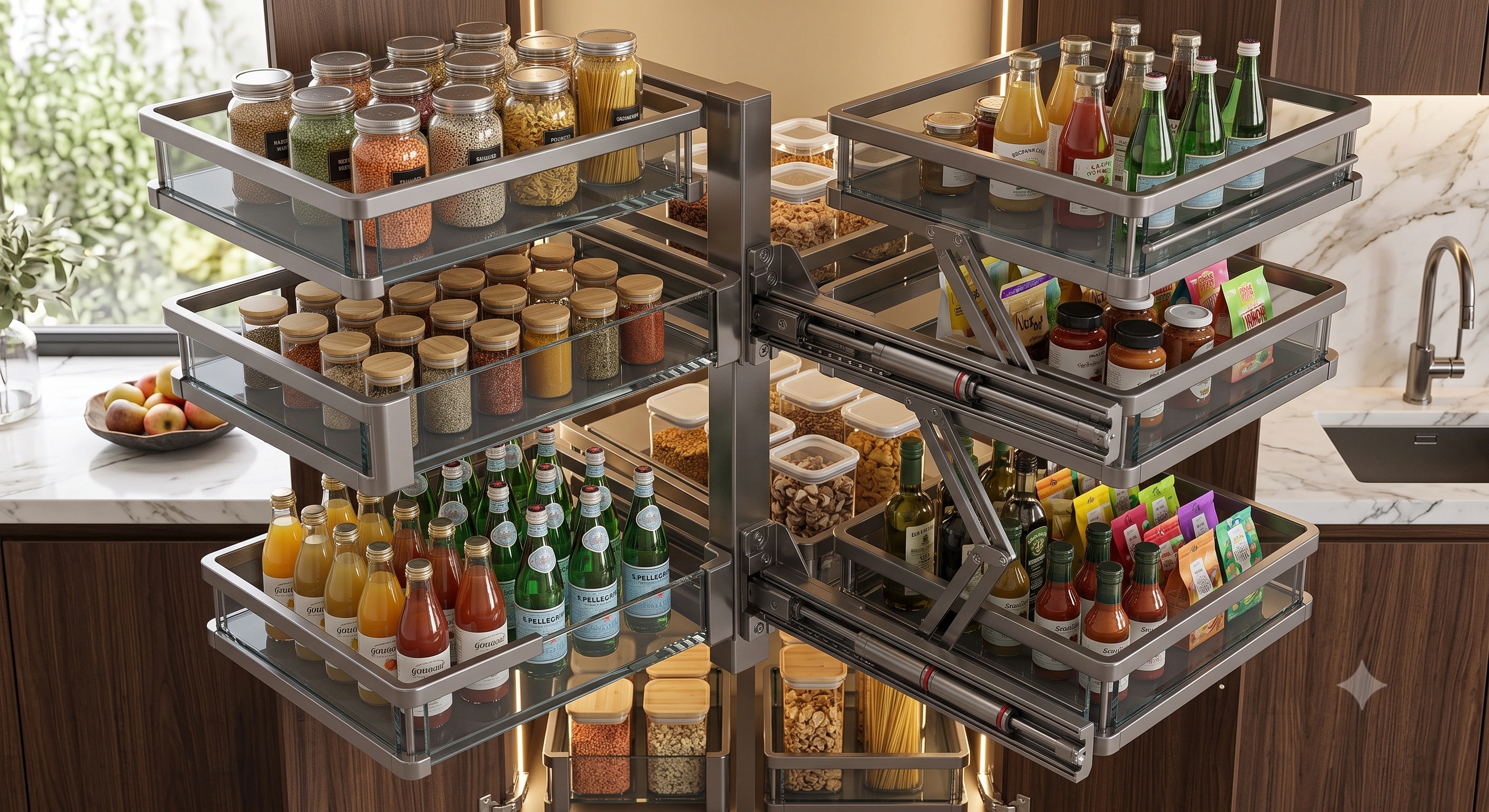 Premium Pantry Unit Soft Close Glass Basket (6 Inner + 6 Outer Baskets) – Tempered Grey Glass with Beading Cover