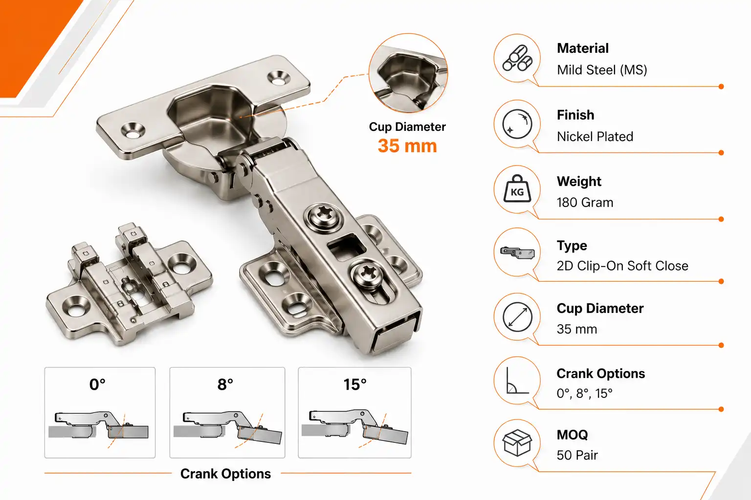 Premium 2D Clip-On Soft Close Cabinet Hinge (180 Gram) | Heller Series | 0°, 8°, 15° Crank