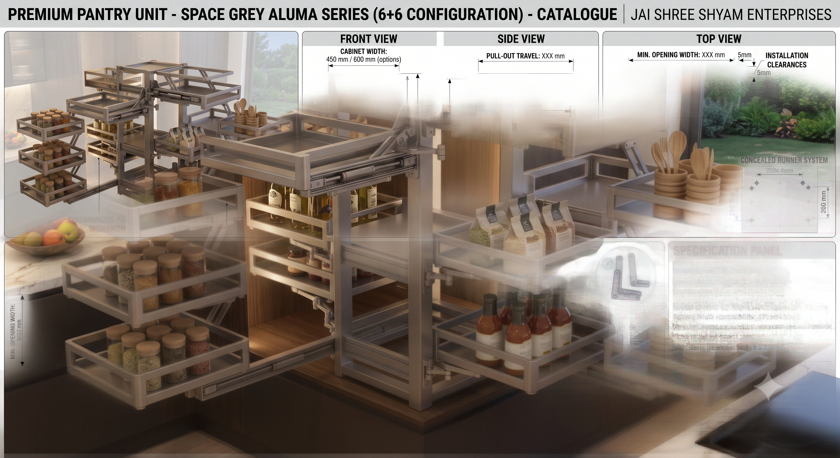 Premium Pantry Unit Space Grey Aluma Series (6 Inner + 6 Outer Baskets) Soft Close