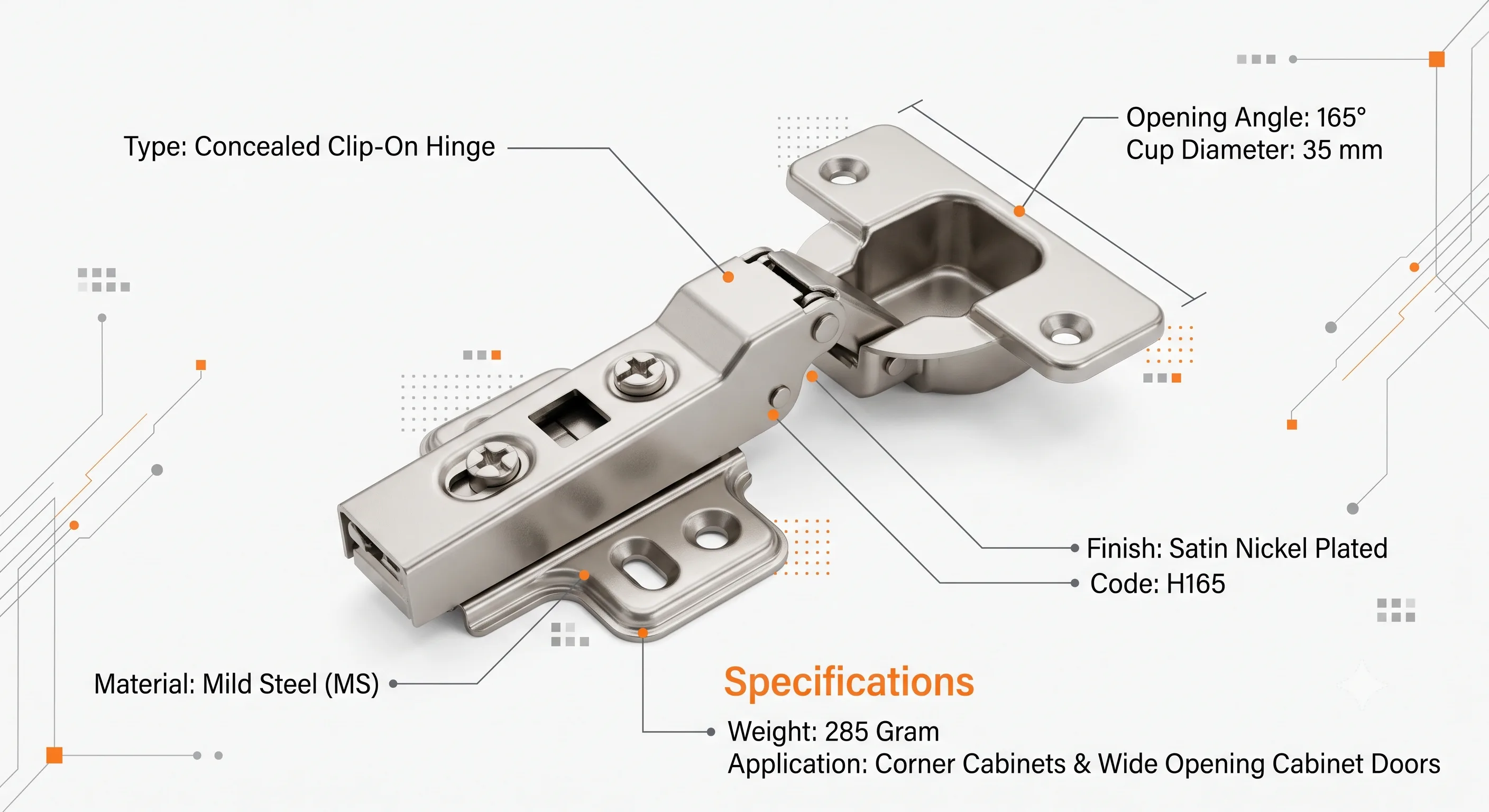 Premium 165° Wide Angle Concealed Cabinet Hinge (285 Gram) | Standard | Mild Steel | Clip-On Type