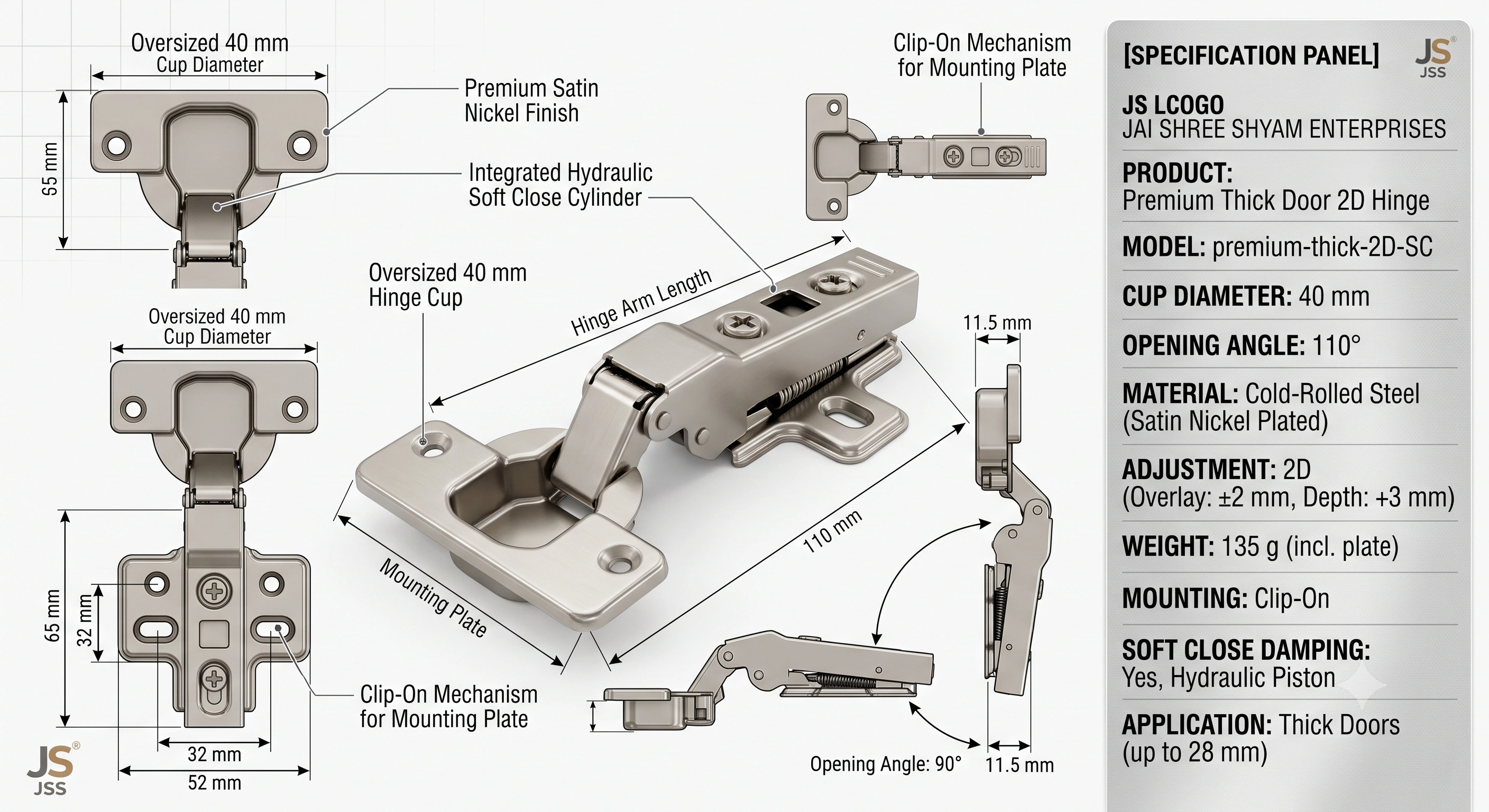 Premium Thick Door 2D Soft Close Clip-On Concealed Cabinet Hinge (40 mm Cup) | Mild Steel