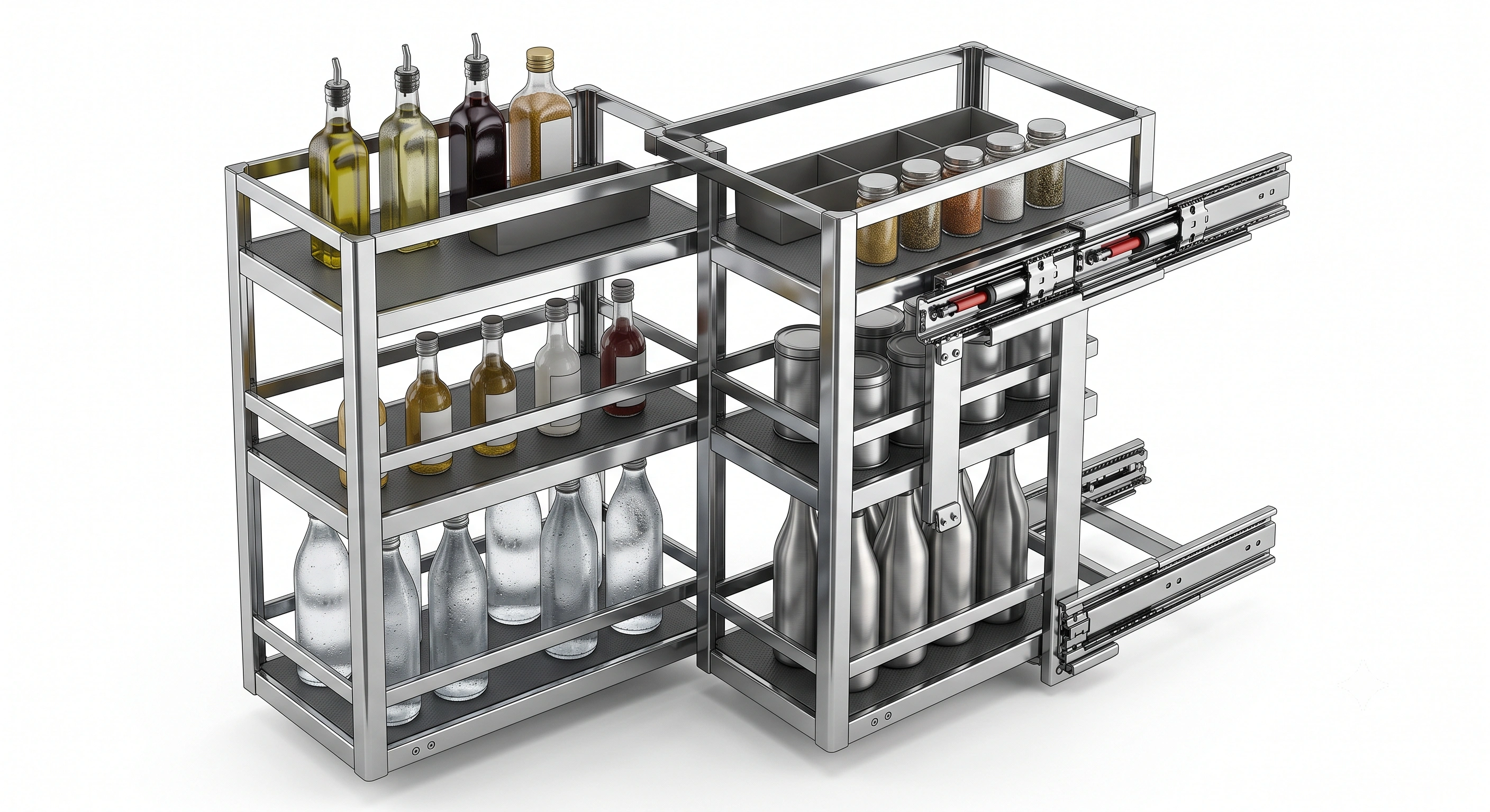 Premium Soft Close Chrome Flat Line Bottle Pull Out Basket with Anti-Skid Mat (Side Mount, 500 mm Cabinet Depth)