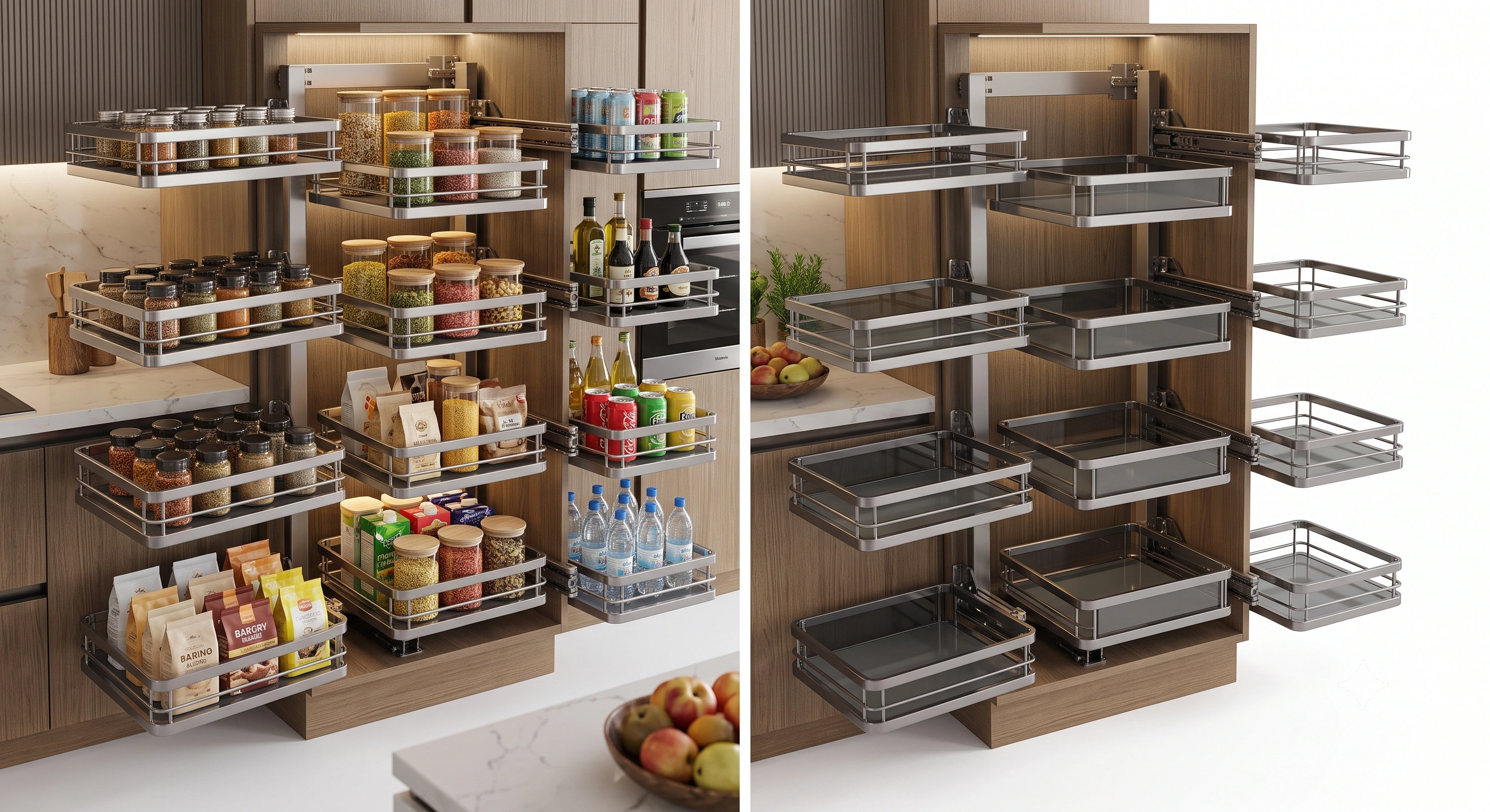 Premium Pantry Unit Soft Close Glass Basket (6 Inner + 6 Outer Baskets) – Tempered Grey Glass with Beading Cover