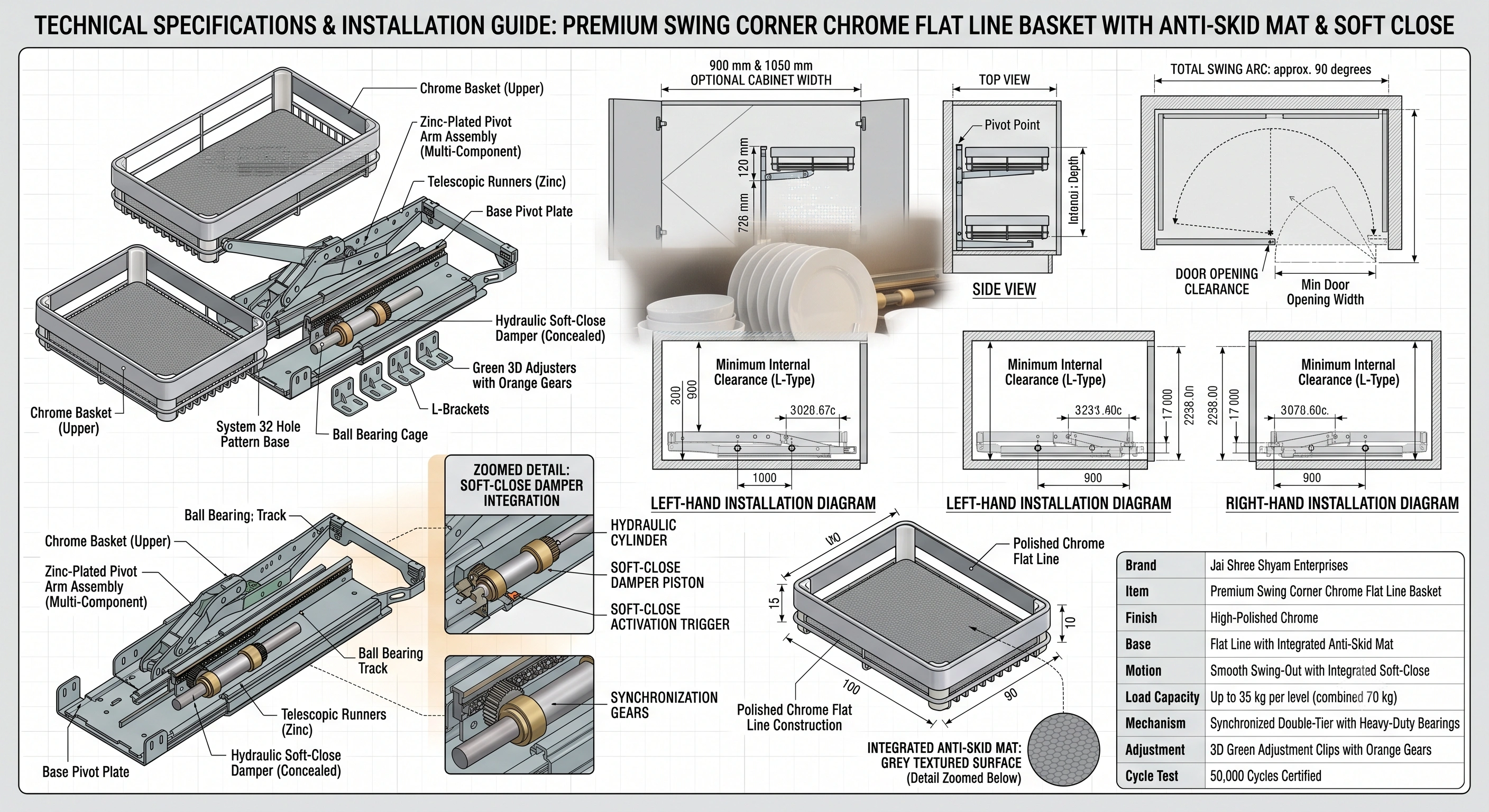 Premium Swing Corner Chrome Flat Line Basket with Anti-Skid Mat & Soft Close