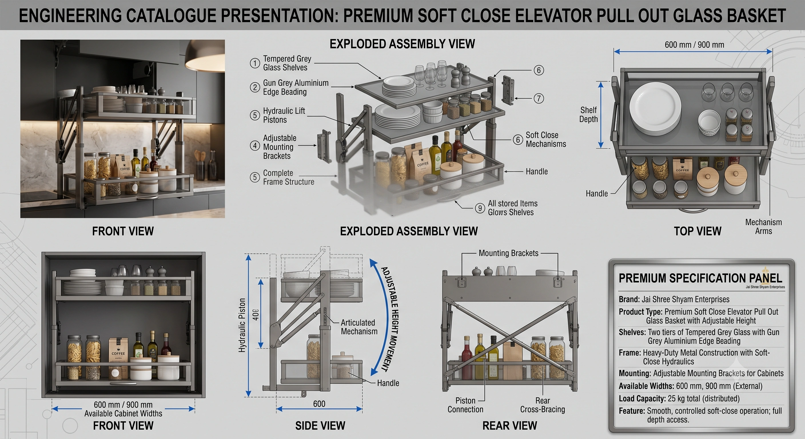 Premium Soft Close Elevator Pull Out Glass Basket with Adjustable Height | Tempered Grey Glass | Gun Grey Polish