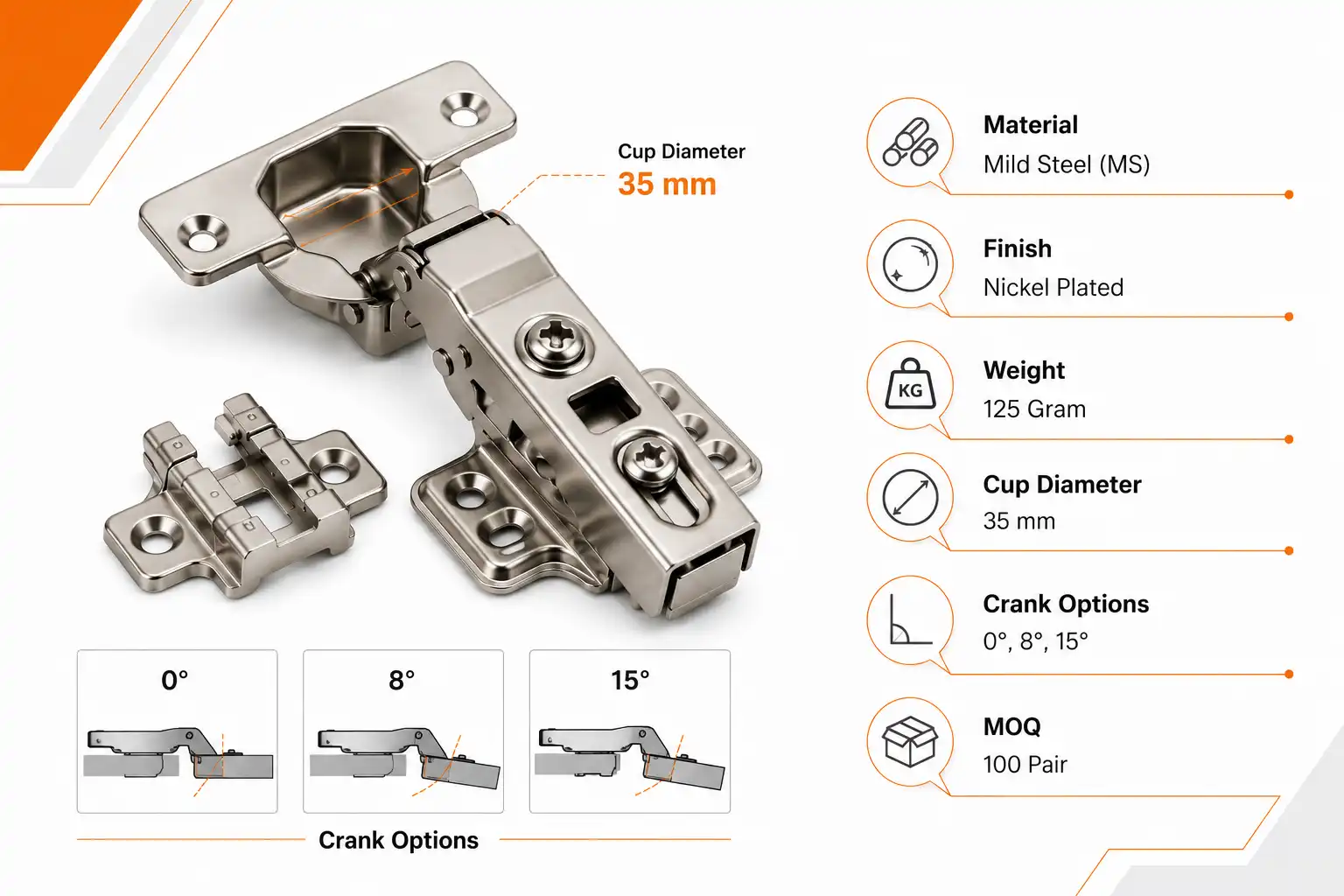 Premium Normal Heavy Cabinet Hinge (125 Gram) | MS | 0°, 8°, 15° Crank