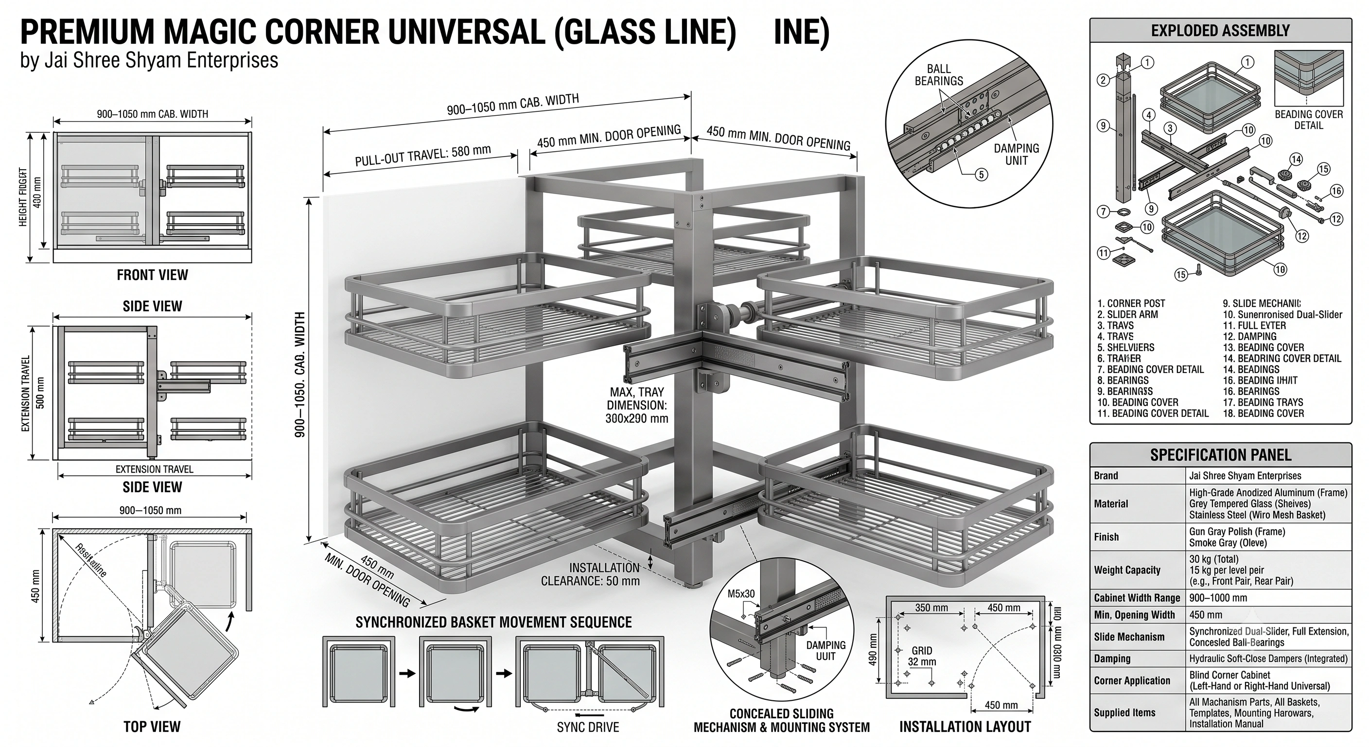 Premium Magic Corner Universal Space Grey Aluma Series Soft Close Basket